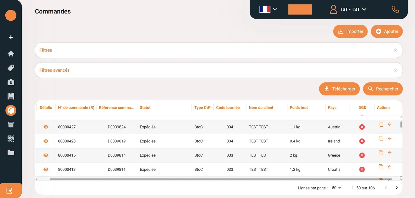 Interface du portail client migré — écran des commandes (données de test, marques masquées)